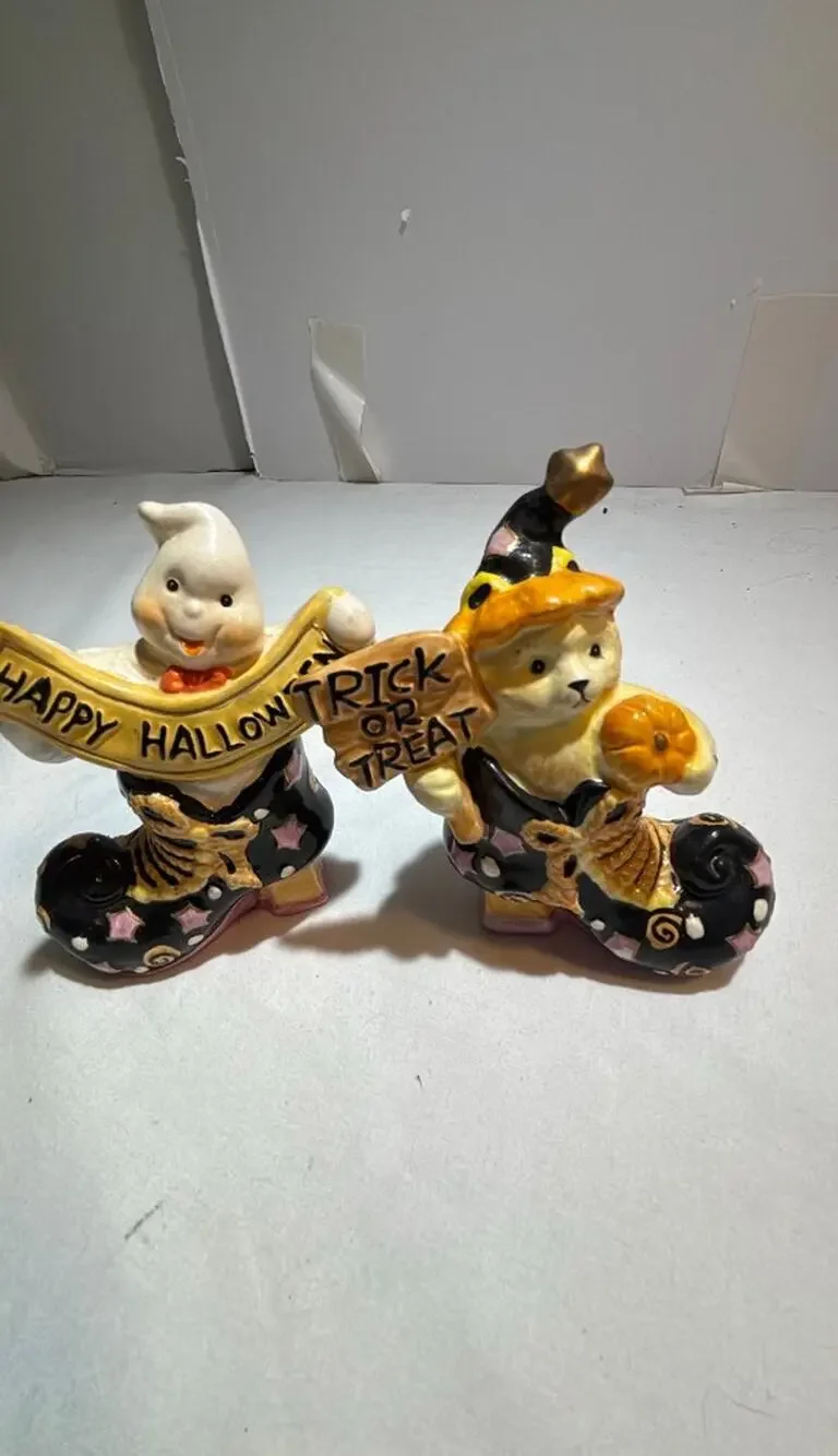 Vintage Halloween Ceramic Figurines - Ghost and Cat